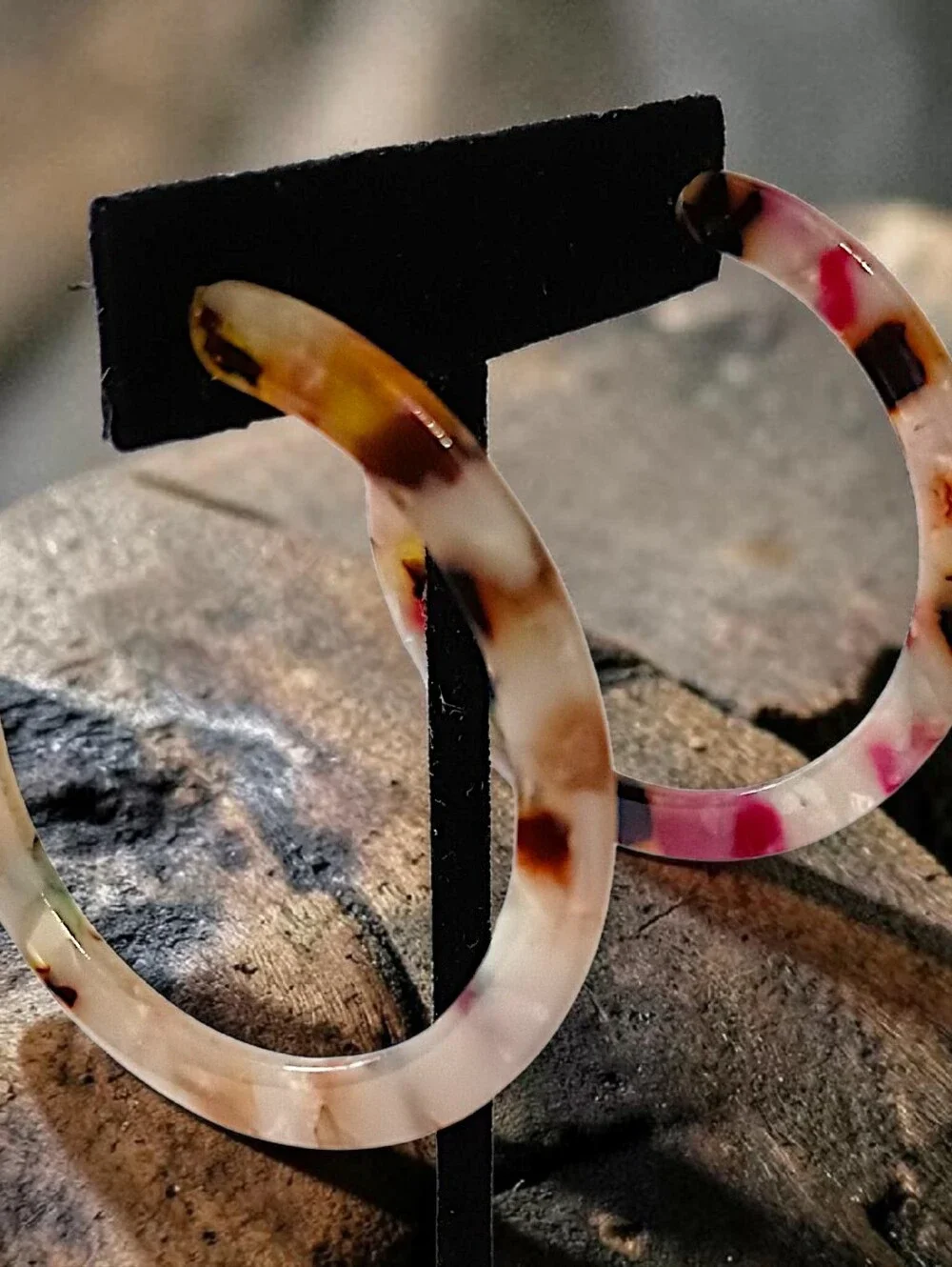 Vtg Colorful Hoop Earrings Acrylic Pierced LARGE Marbled Confetti Lightweight